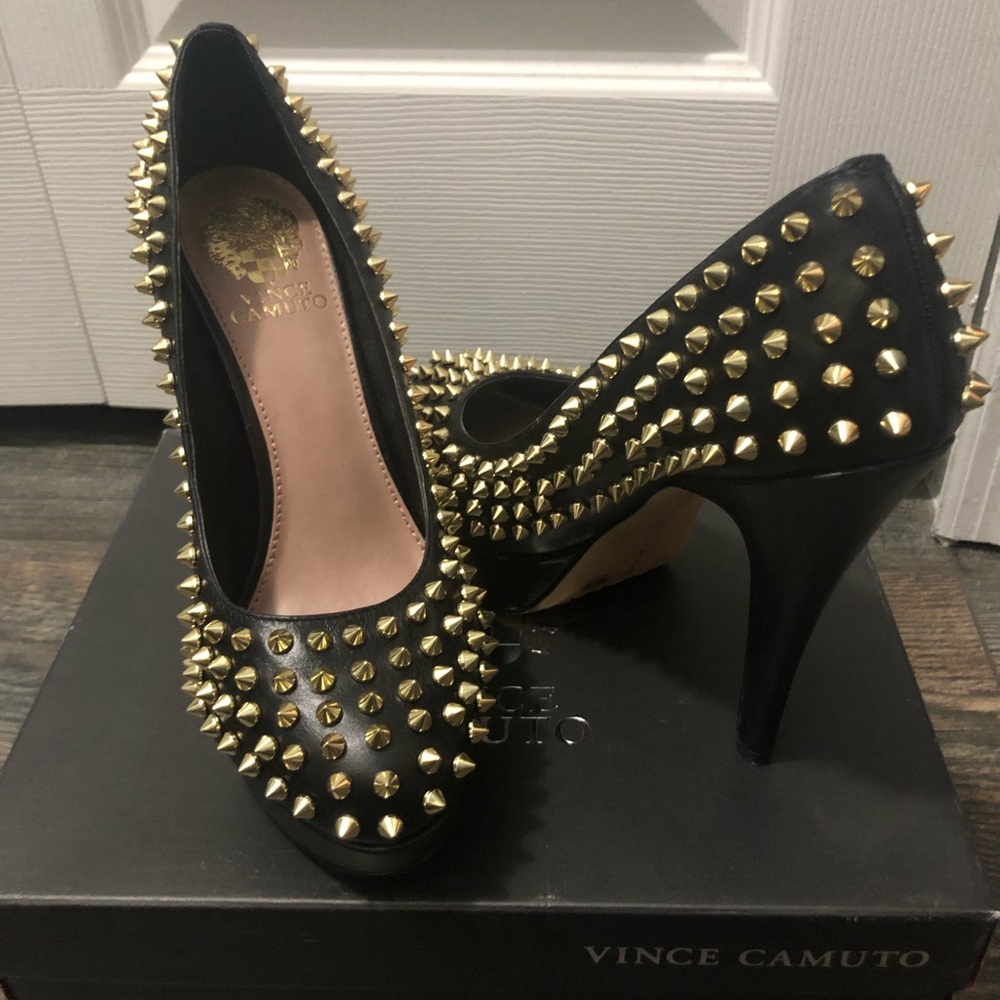 Vince Camuto Black, gold spiked heels